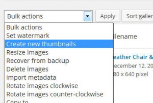 4. When all images are selected, select "Create New Thumbnails" from the bulk action menu at the top and click "Apply"